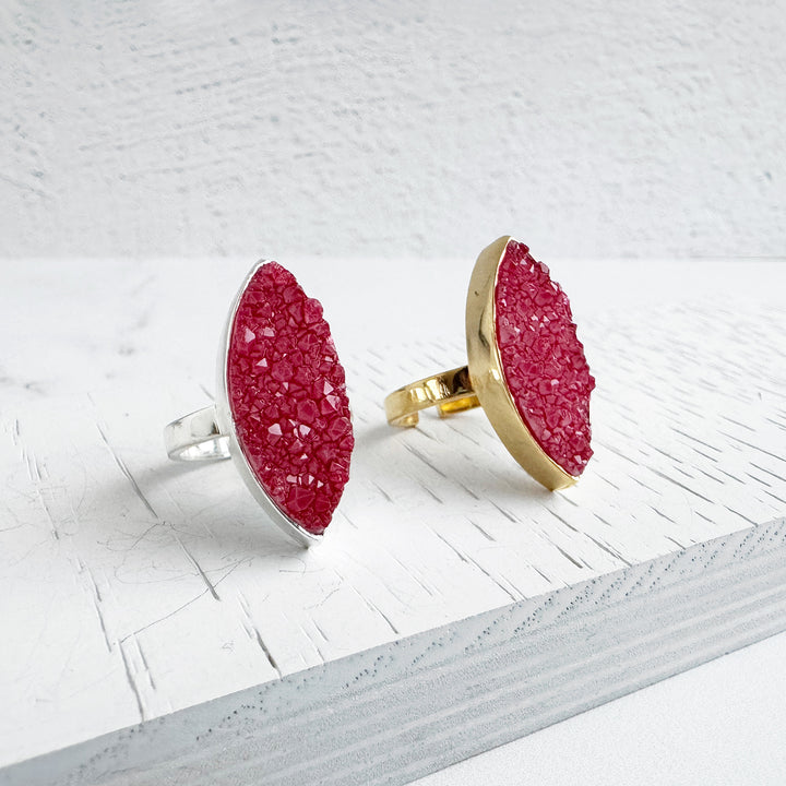 Red Druzy Marquise Statement Cocktail Ring. Silver or Gold Adjustable