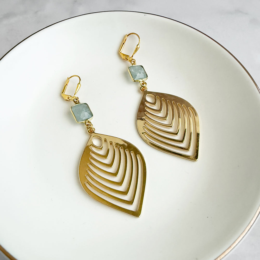 Aquamarine Marquise Leaf Earrings in Gold