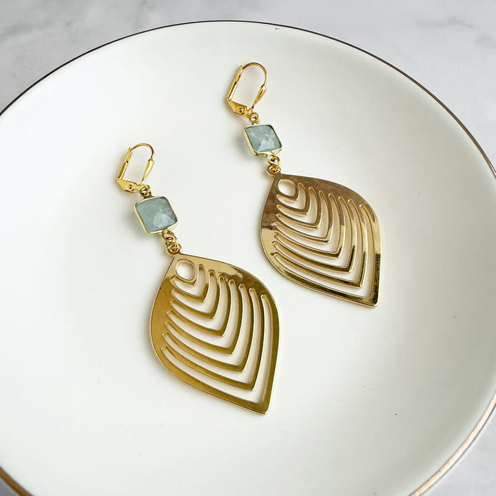 Aquamarine Marquise Leaf Earrings in Gold