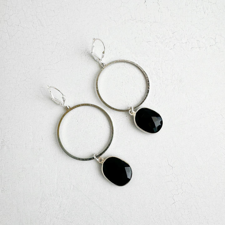 Black Onyx Hoop Dangle Earrings in Brushed Silver