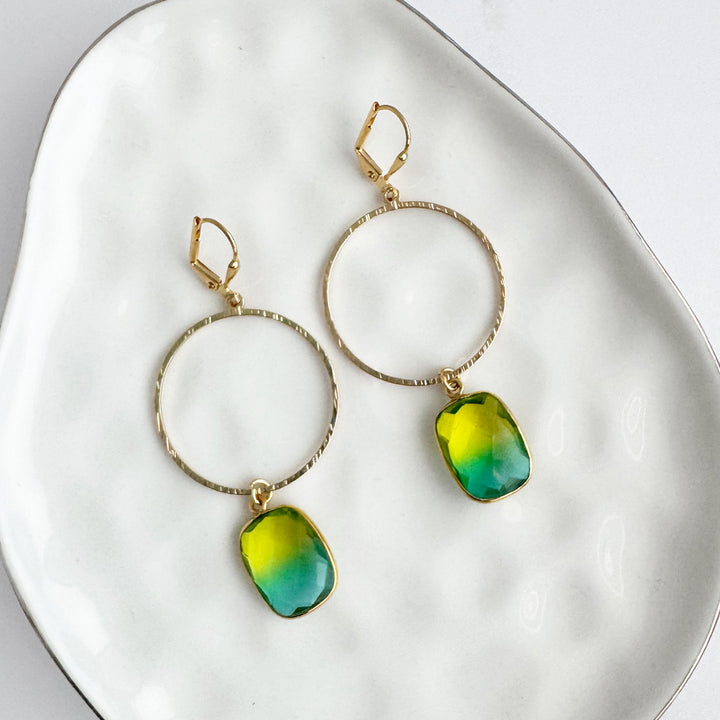 Yellow Green Aura Quartz Hoop Dangle Earrings in Brushed Gold