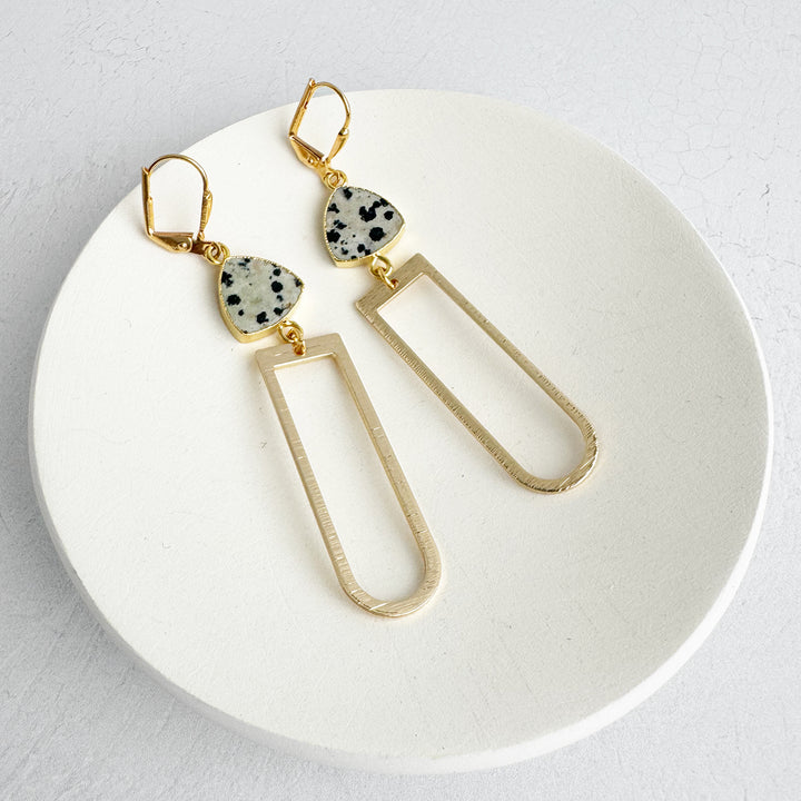 Dalmation Jasper Horseshoe Dangle Earrings in Brushed Gold