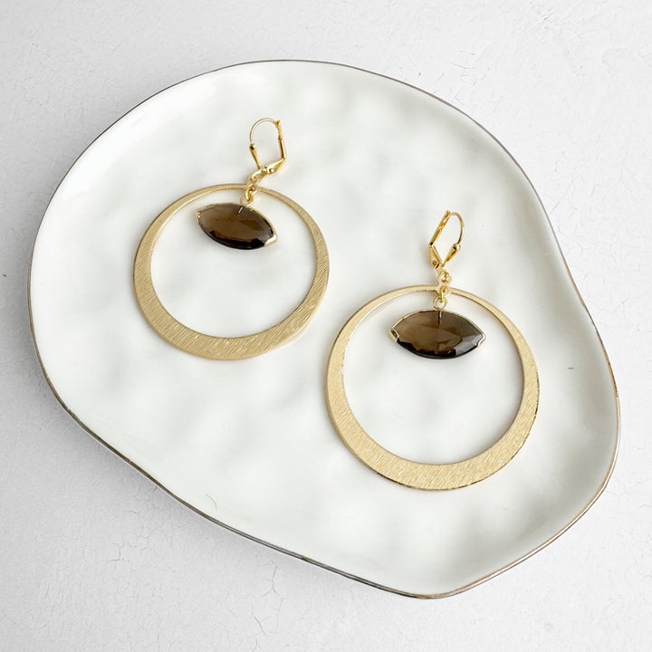 Smoky Quartz Evil Eye Hoop Earrings in Brushed Gold