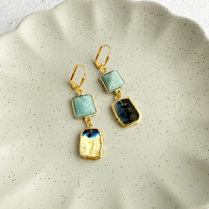 Long Freeform Gemstone Drop Earrings in Gold with Labradorite and Amazonite