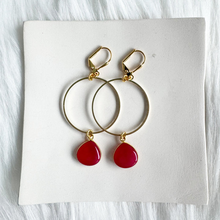 Fuchsia Chalcedony Teardrop Hoops in Gold