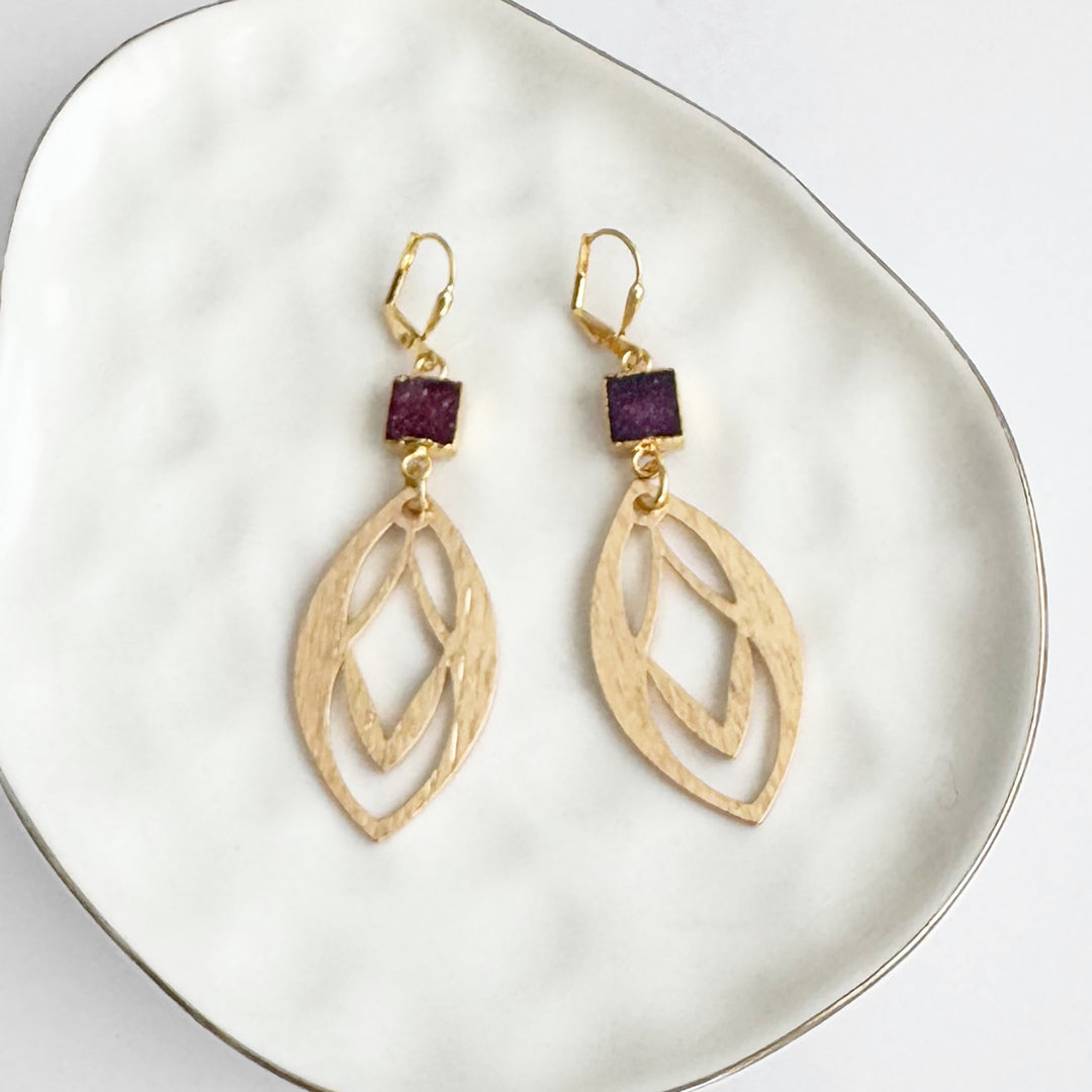 Maroon Druzy Celtic Dangle Earrings in Brushed Gold