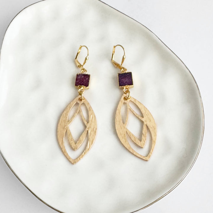 Maroon Druzy Celtic Dangle Earrings in Brushed Gold