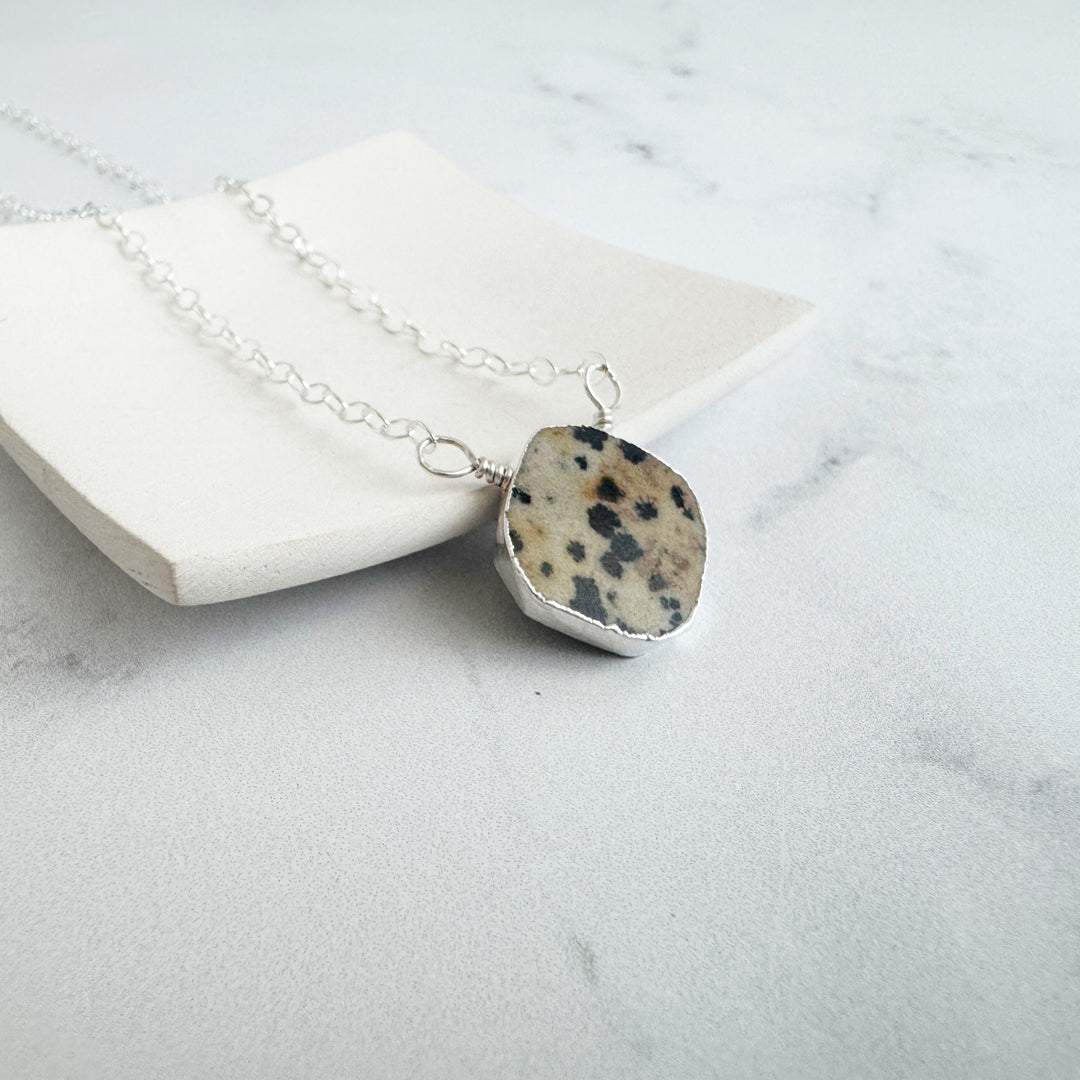 Dalmation Jasper Gemstone Slice Pendant Necklace in Silver. Layering Stone Necklace. Holiday Gift