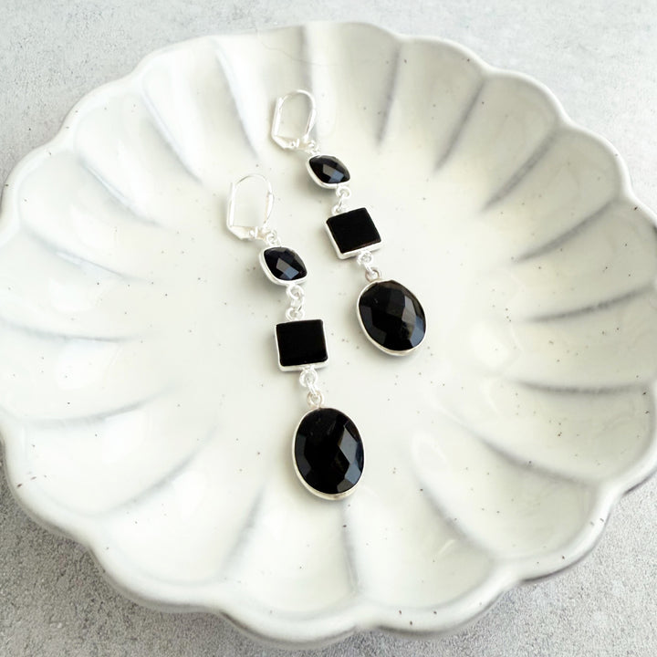 Long Black Onyx Geometric Gemstone Drop Earrings in Silver