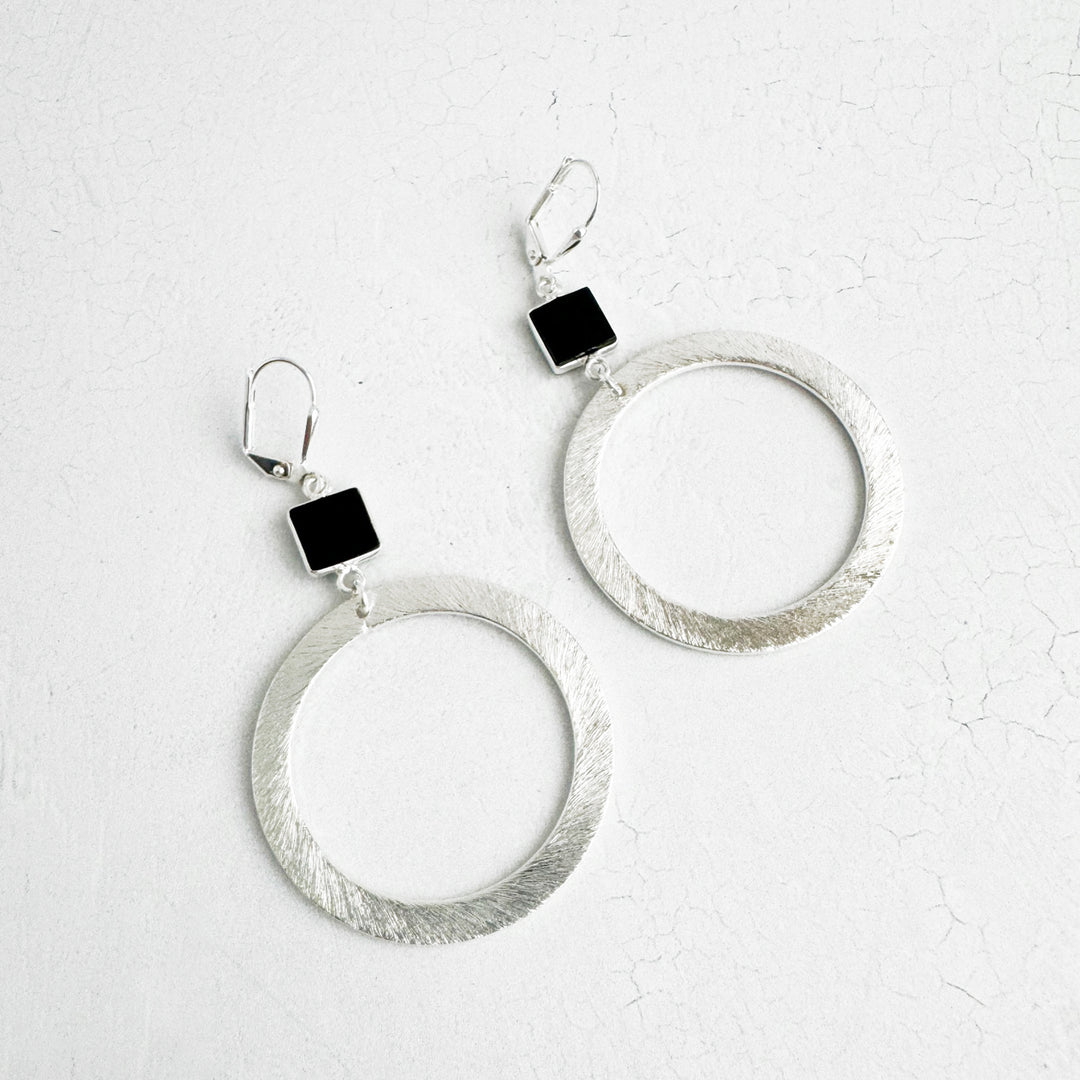 Black Onyx Hoop Earrings in Brushed Silver