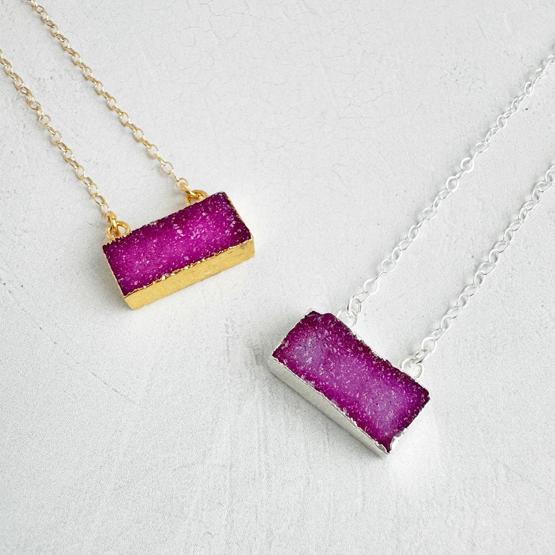 Fuchsia Druzy Bar Necklace in 14k Gold Filled and Sterling Silver