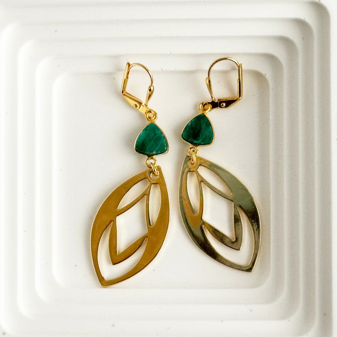 Emerald Mojave and Patterned Marquise Earrings in Brushed Brass