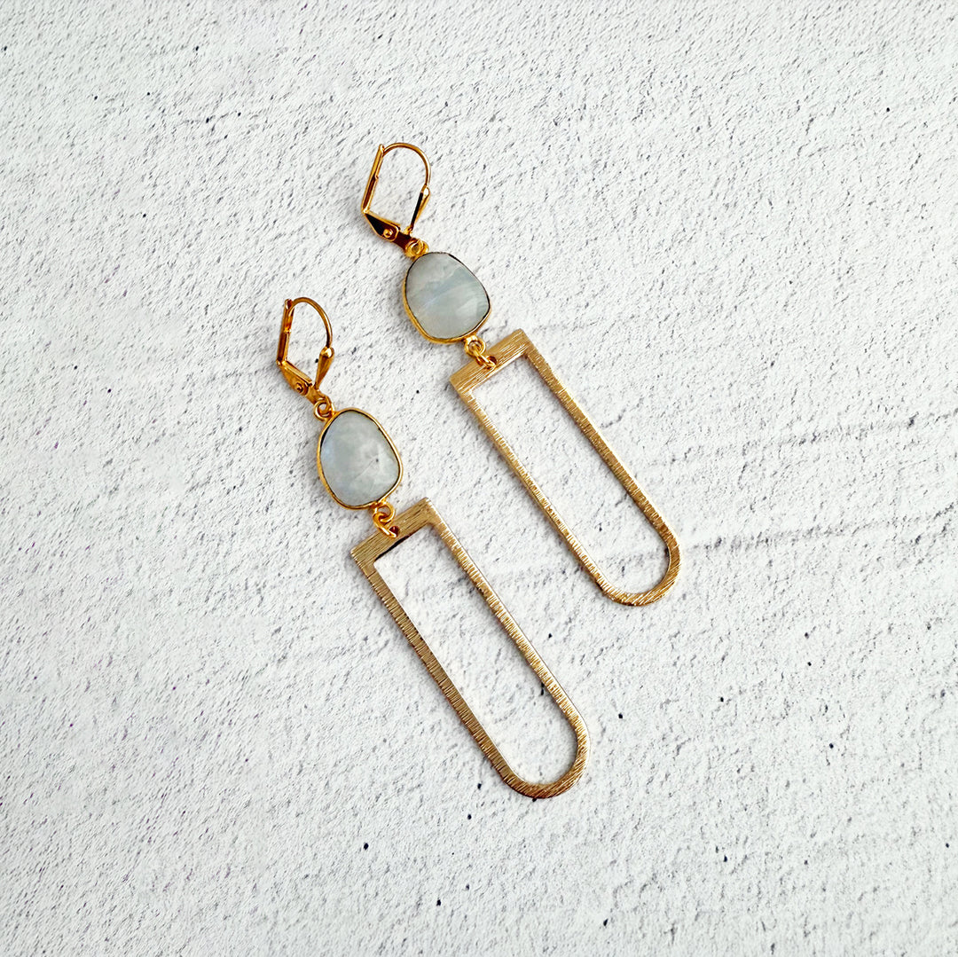 Moonstone Arch Dangle Earrings in Brushed Gold