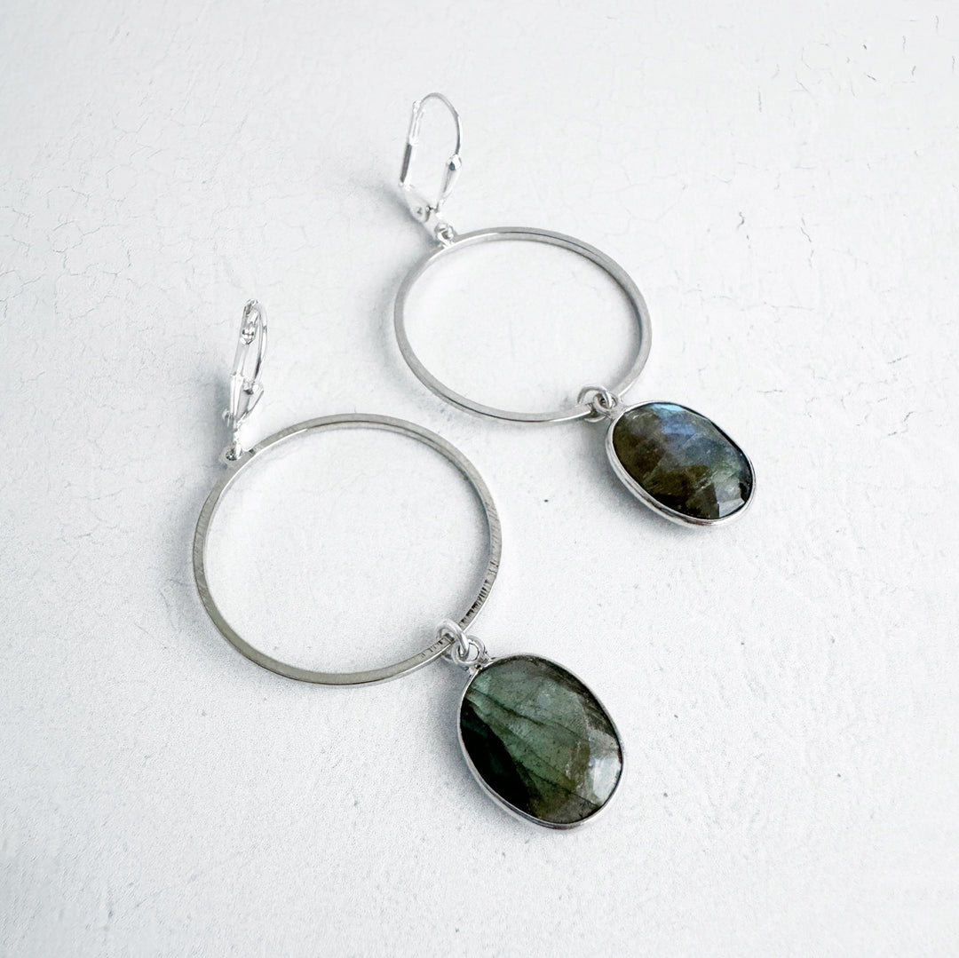 Labradorite Hoop Dangle Earrings in Brushed Silver