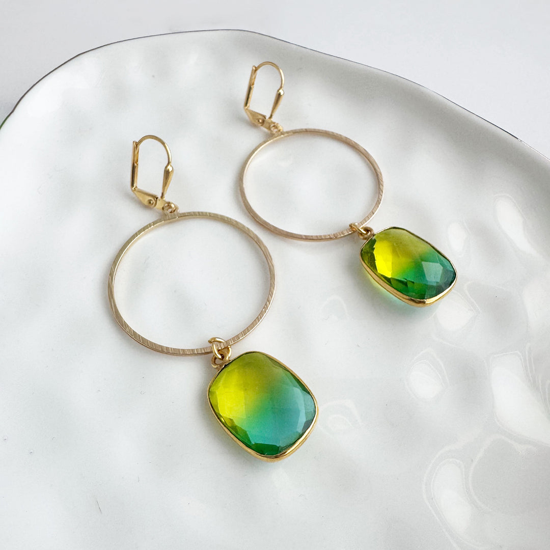 Yellow Green Aura Quartz Hoop Dangle Earrings in Brushed Gold