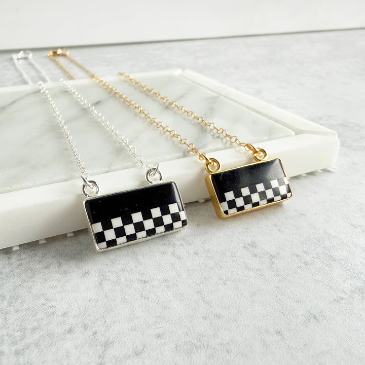 Black and White Checkered Pattern Bar Necklace