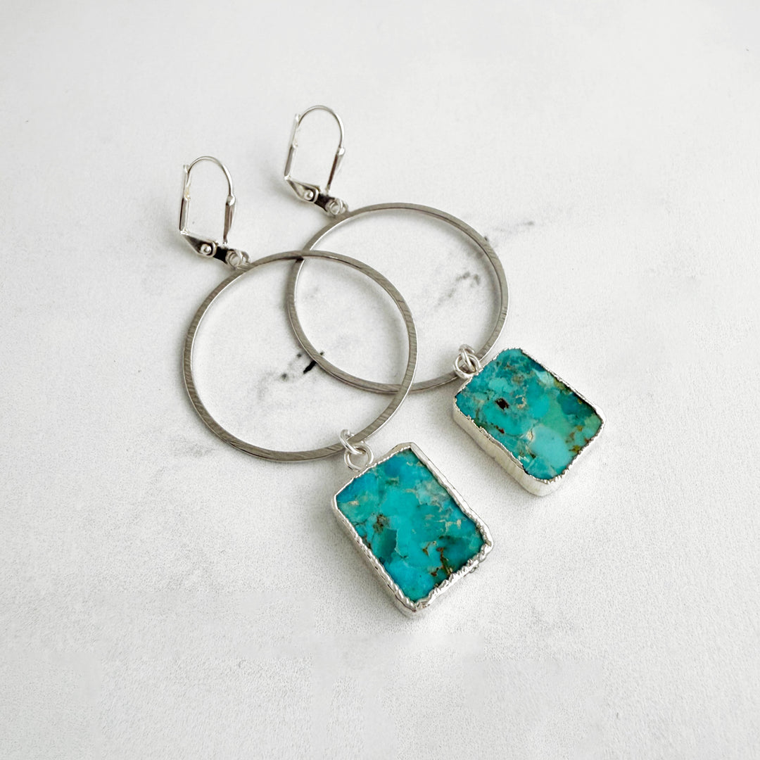Turquoise Freeform Slice Hoop Dangle Earrings in Brushed Silver