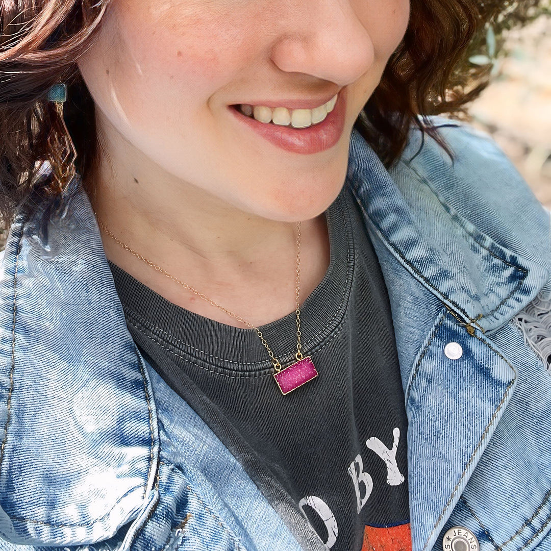 Fuchsia Druzy Bar Necklace in 14k Gold Filled and Sterling Silver