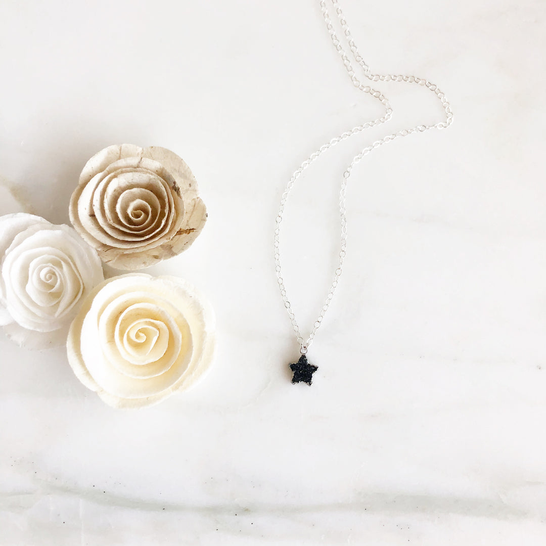Black Druzy Star Necklace in Sterling Silver