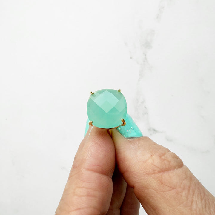 Large Aqua Chalcedony Gemstone Ring Prong Setting in Gold