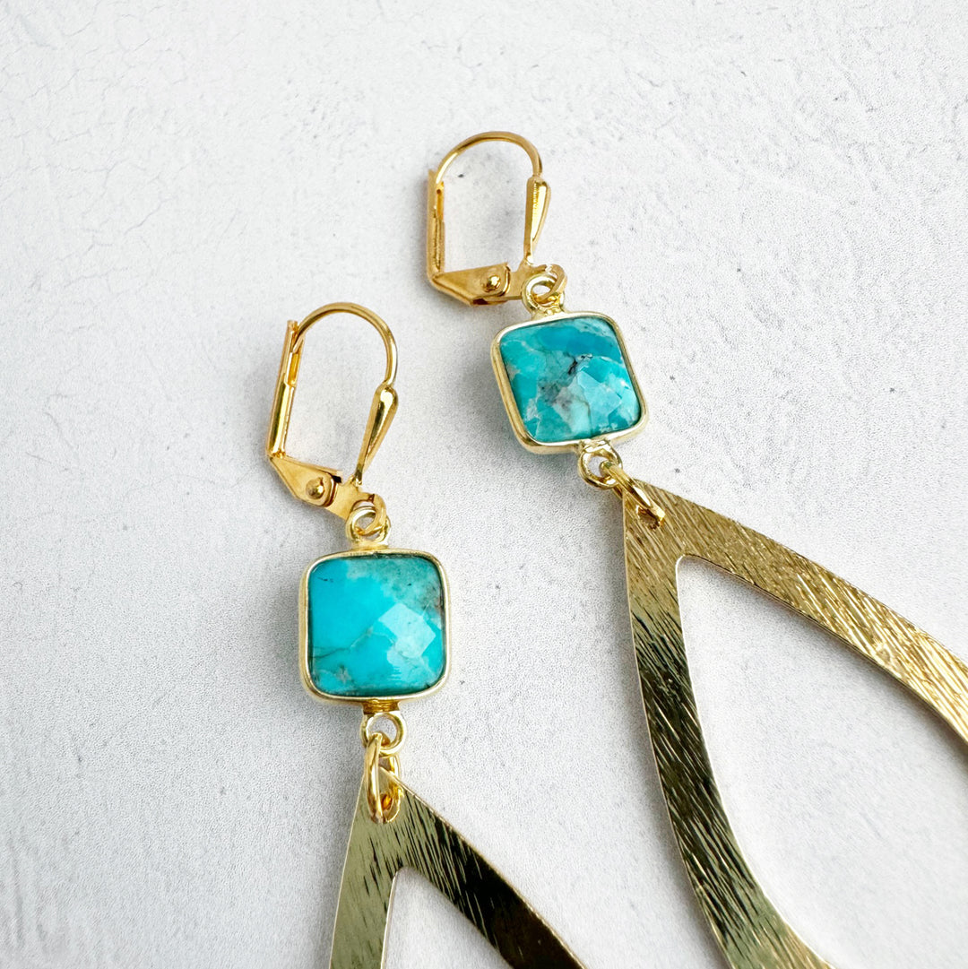 Turquoise Teardrop Statement Earrings in Brushed Gold