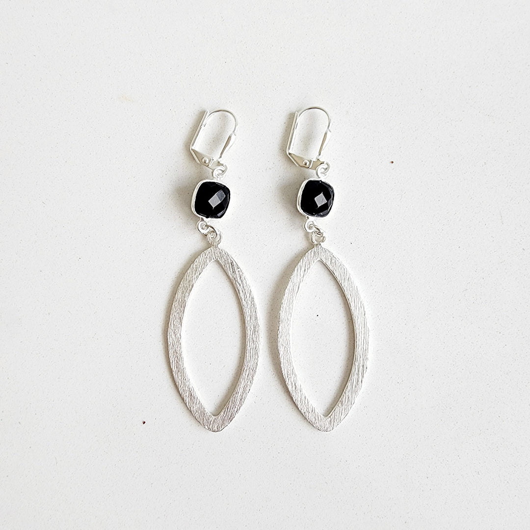 Black Onyx Marquise Statement Earrings in Brushed Silver