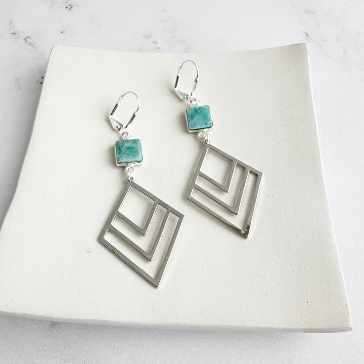Amazonite and Layered Diamond Statement Earrings in Silver
