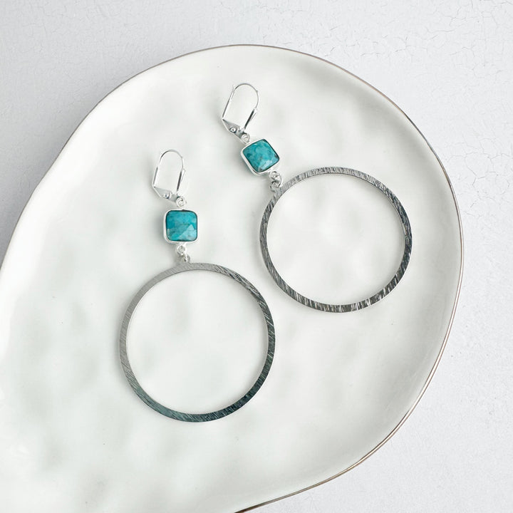 Turquoise Hoop Earrings in Brushed Silver