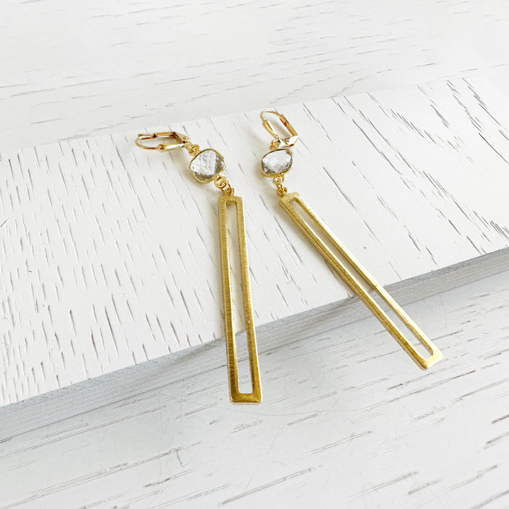 Long Open Rectangle Drop Earrings in Gold with Crystal Quartz Stones