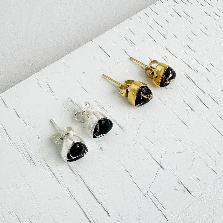 Black Mojave Triangle Stud Earrings in Gold and Silver