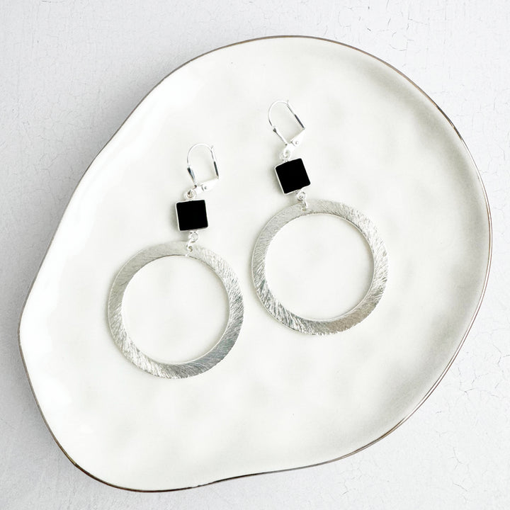 Black Onyx Hoop Earrings in Brushed Silver