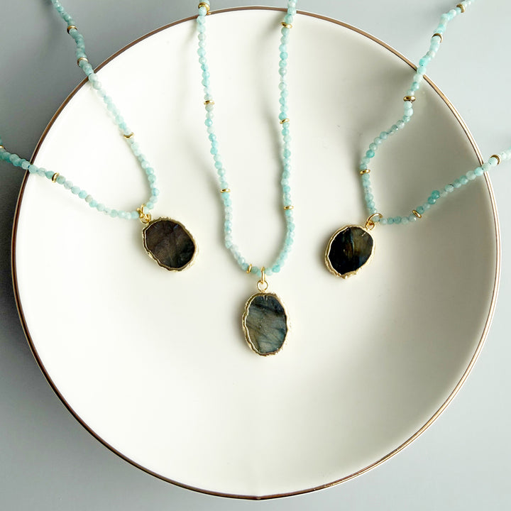 Labradorite Pendant and Amazonite Beaded Necklace in Gold