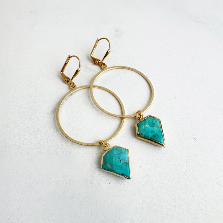 Turquoise Shield Stone Hoop Earrings in Brushed Gold