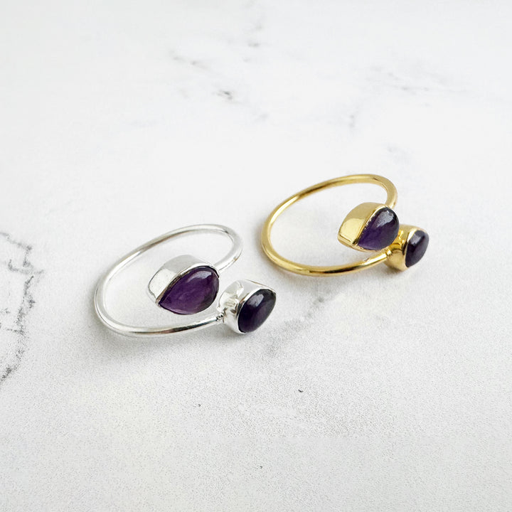 Double Teardrop Stone Wrap Ring in Amethyst