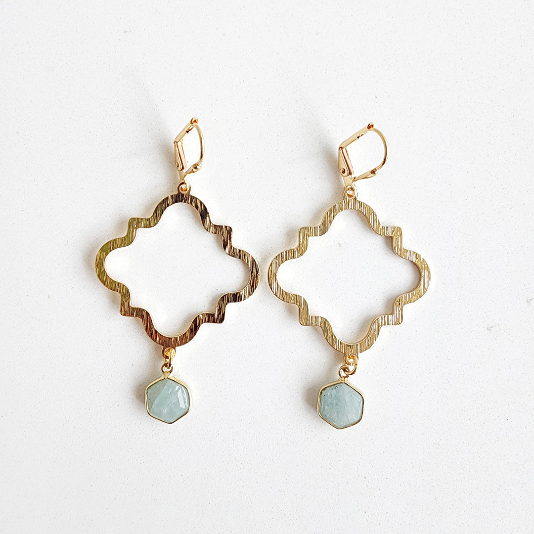 Quatrefoil Statement Earrings with Hexagon Stone in Brushed Gold