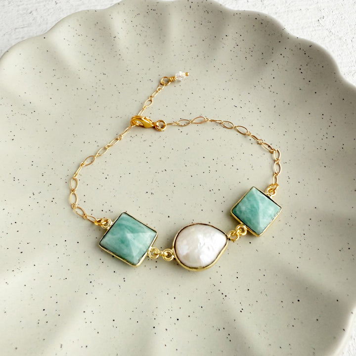 Triple Jewel Bracelet in Gold with Amazonite and Mother of Pearl