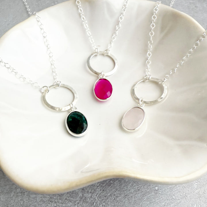 Gemstone and Circle Pendant Necklaces in Silver