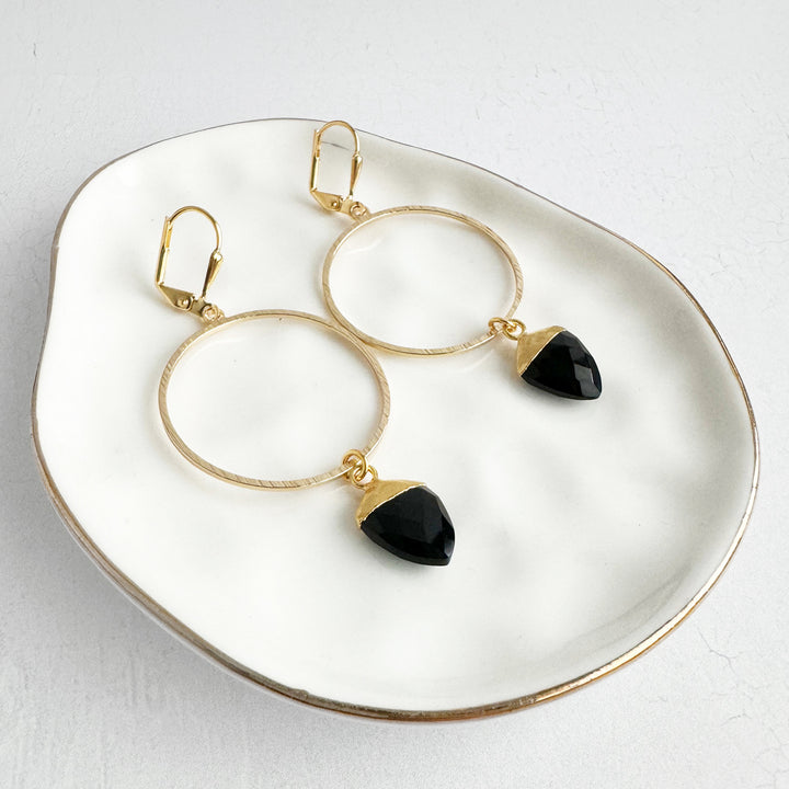 Black Onyx Hoop Dangle Earrings in Brushed Gold