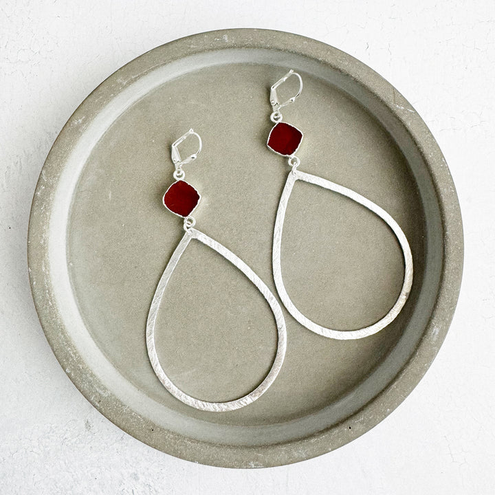 Large Carnelian Teardrop Earrings in Brushed Silver