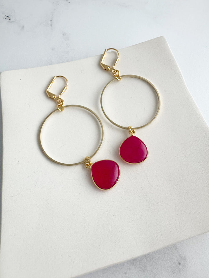 Fuchsia Chalcedony Teardrop Hoops in Gold