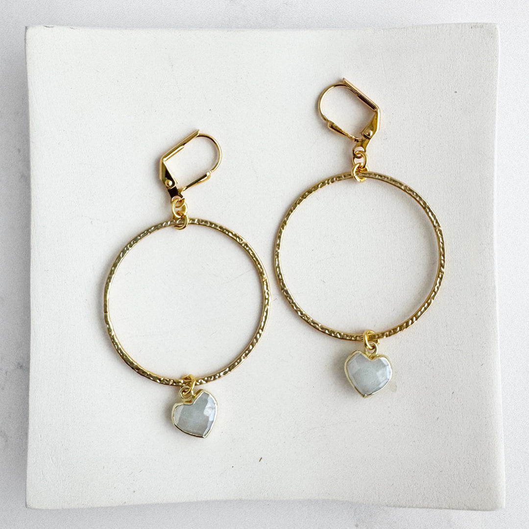 Moonstone Heart Dangle Hoop Earrings in Brushed Gold