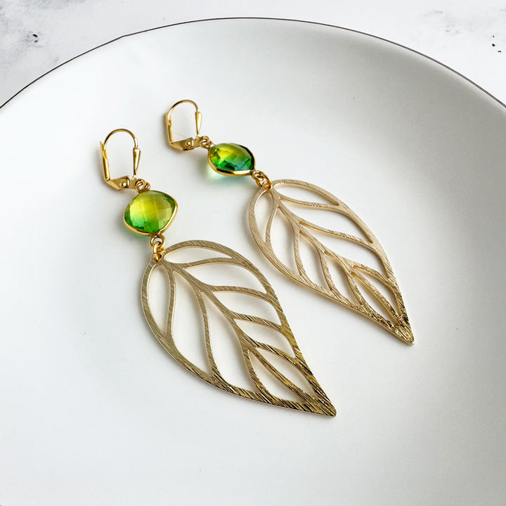 Green Aura Quartz Leaf Statement Earrings in Brushed Gold