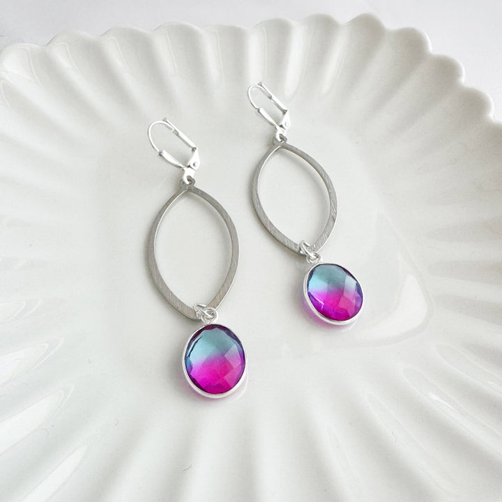 Pink Purple Aura Quartz Marquise Dangle Earrings in Brushed Silver