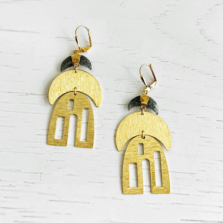 Black Sunstone Crescent and Dome Geometric Earrings in Brushed Brass Gold