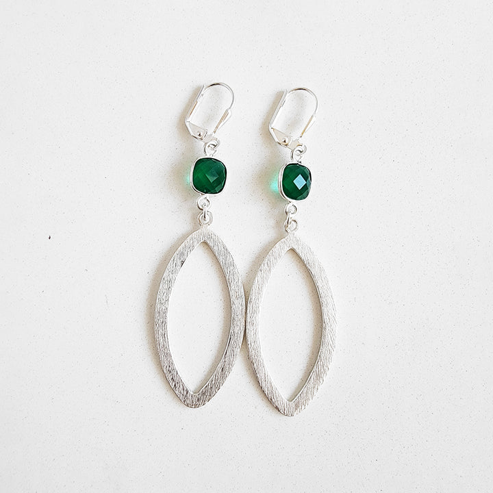 Green Stone Marquise Statement Earrings in Brushed Silver