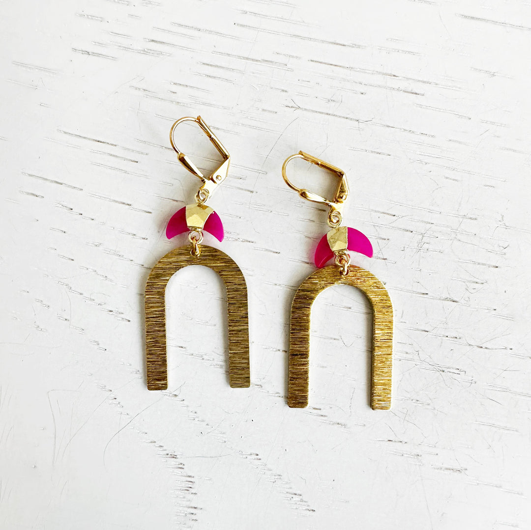 Fuchsia Crescent Horseshoe Statement Earrings in Brushed Brass Gold