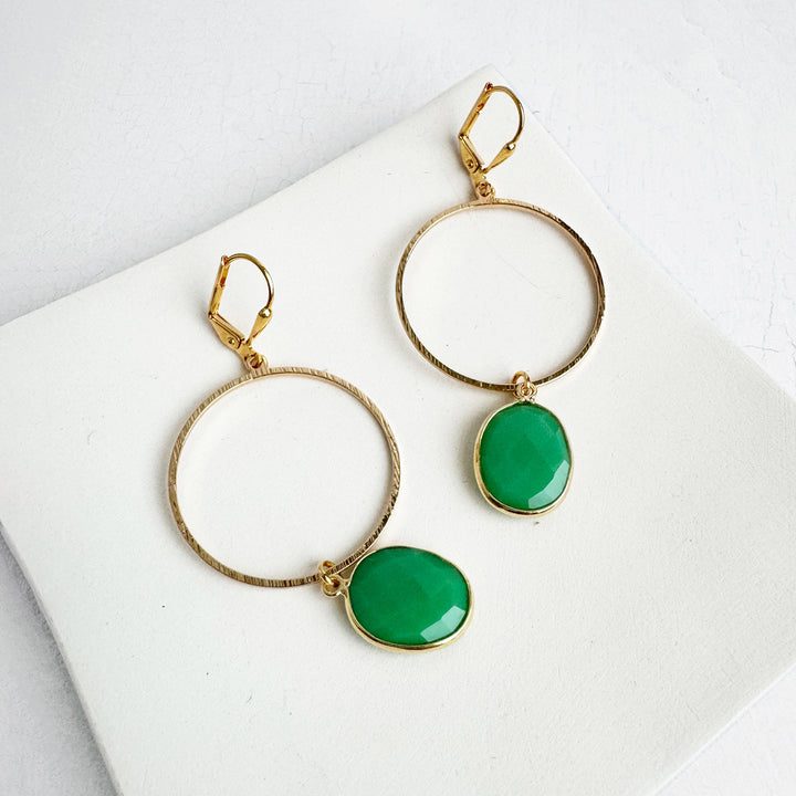 Green Onyx Hoop Dangle Earrings in Brushed Gold