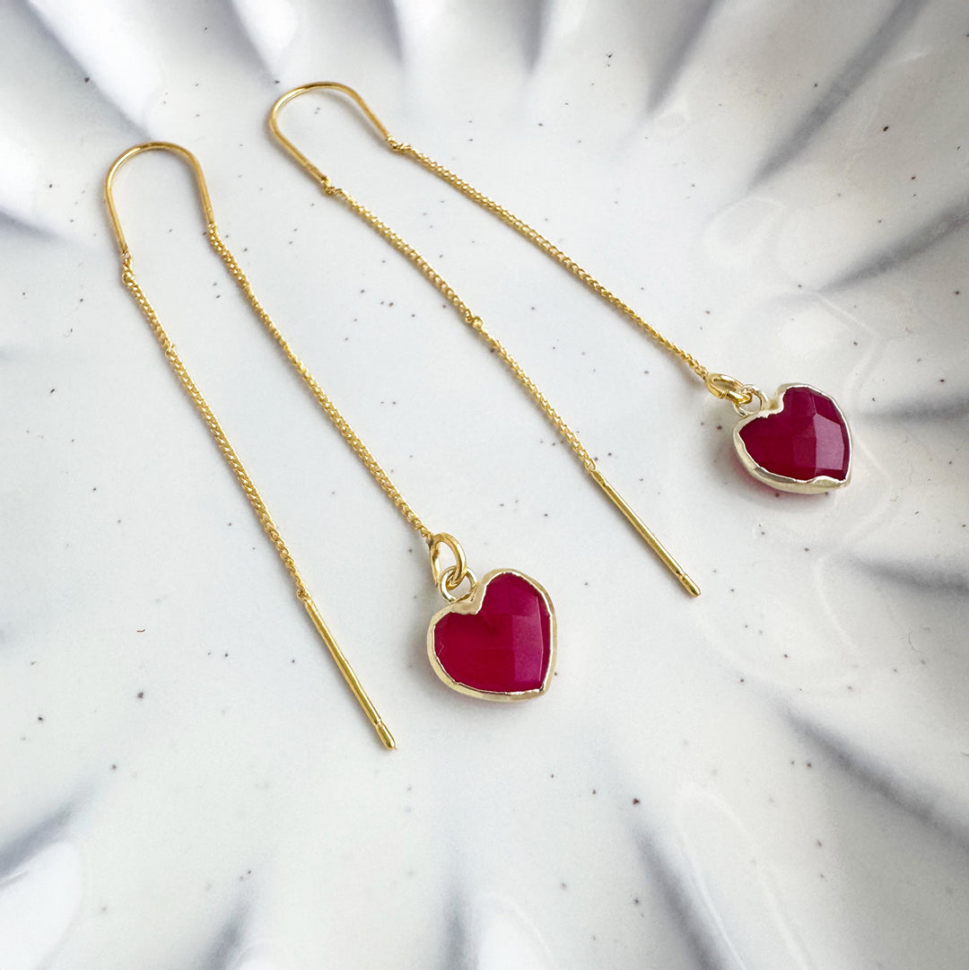 Fuchsia Chalcedony Heart Drop Threader Earrings in Gold