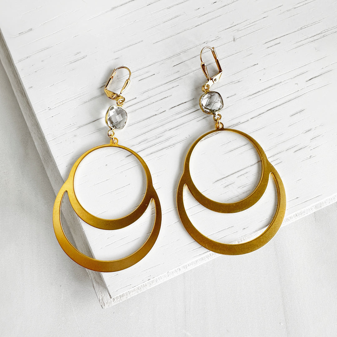 Statement Hoop Earrings with Clear Quartz Stone in Brushed Brass Gold