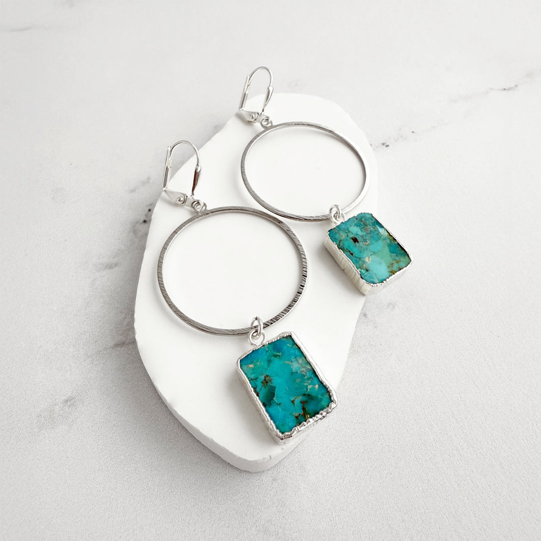 Turquoise Freeform Slice Hoop Dangle Earrings in Brushed Silver